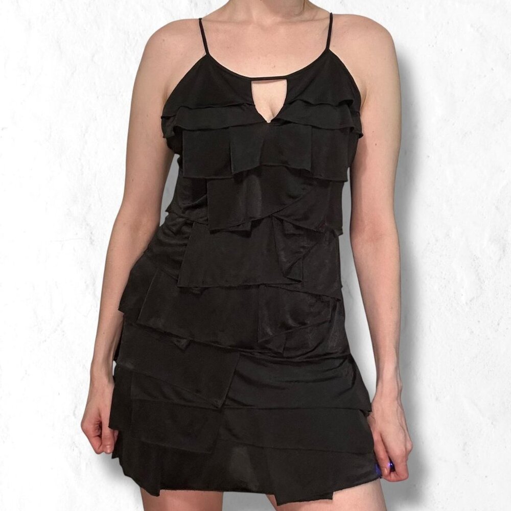 BCBG Maxazria black ruffle mini size S party mini dress y2k era